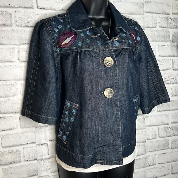 Baccini UpCycled Hand Painted Button Down 3/4 Sleeve Jean Jacket Size Medium - Picture 4 of 9